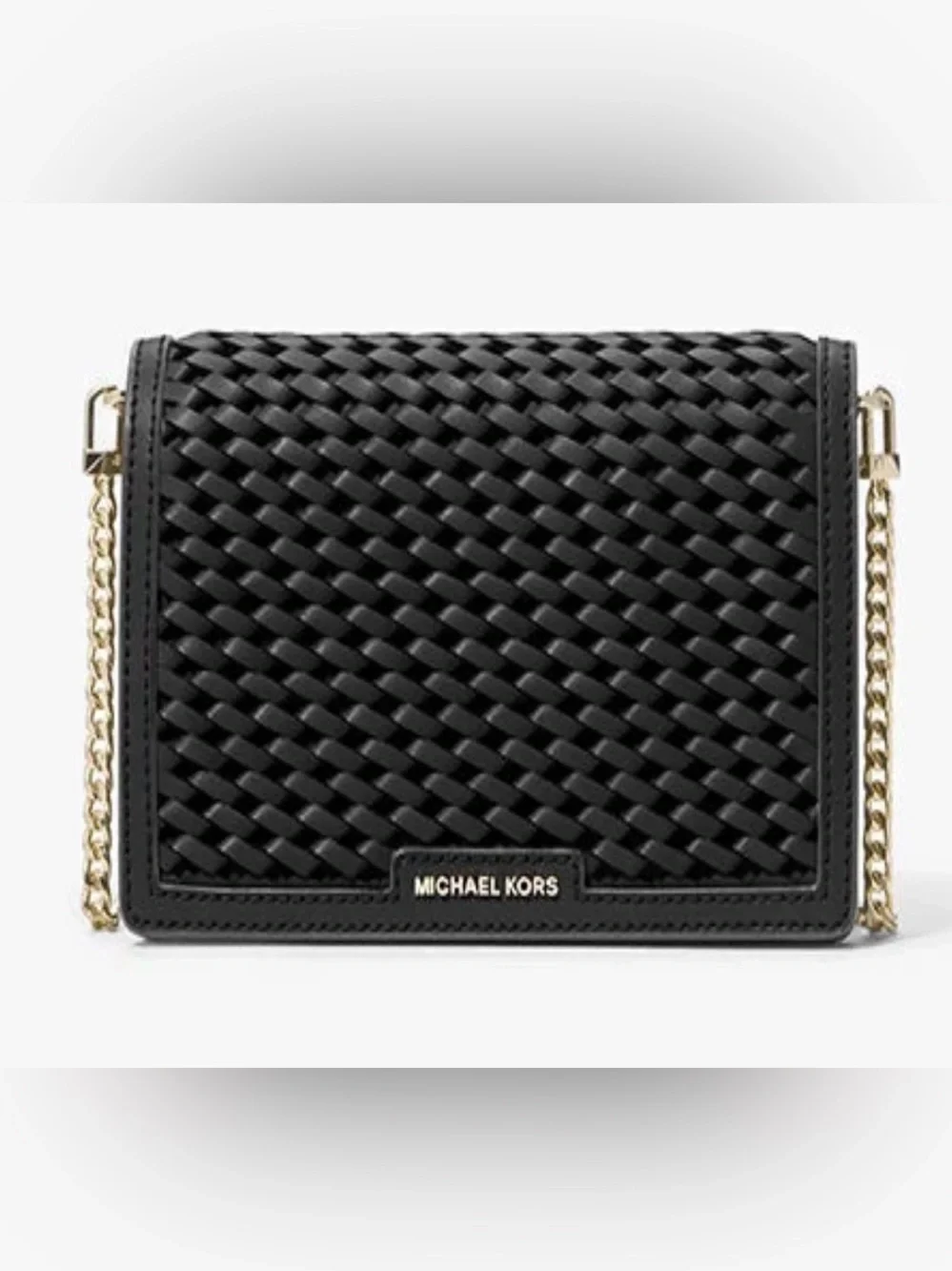 Michael Kors Jet Set Medium Black Woven Leather Crossbody with Gold Chain Strap